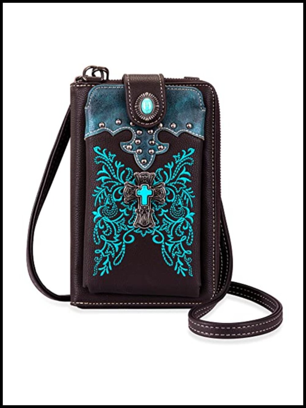 Western Crossbody Phone Wallet RFID Blocking with 12 Card Slots & Zipper Pocket